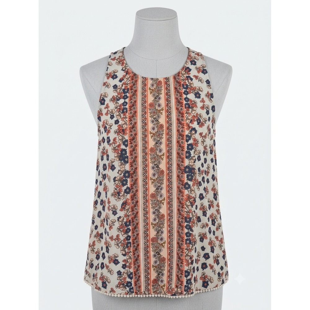 Xhilaration Womens Floral Boho Stripe Sleeveless Top Keyhole‎ Back Pom Trim L